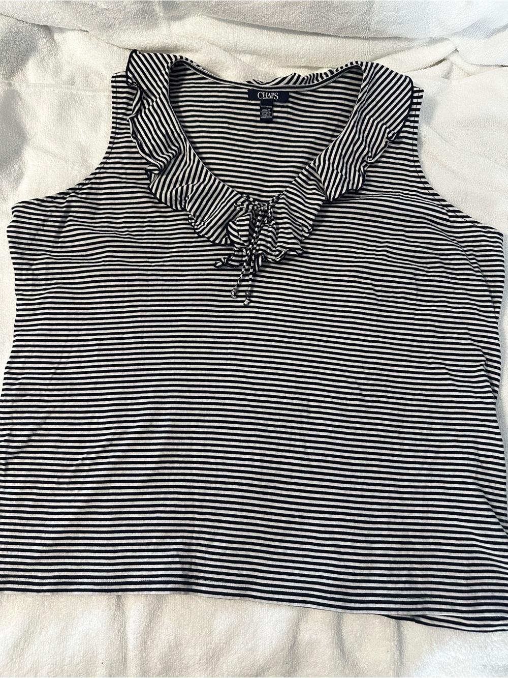 Chaps Black and White Striped Ruffle Tie Tank